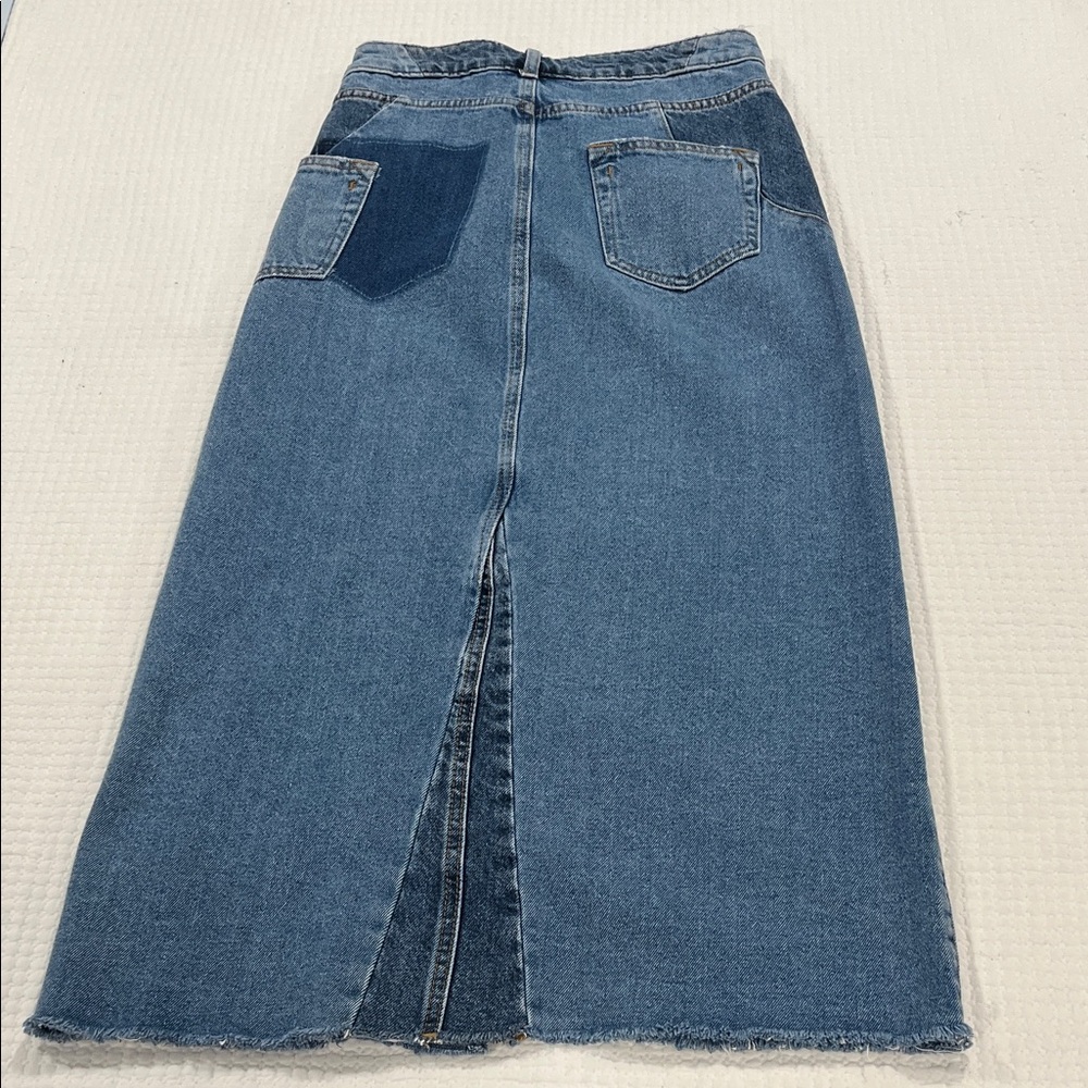 Zara High-Waisted Long Denim Skirt Front Slit Raw Hem sz XS - Picture 4 of 10